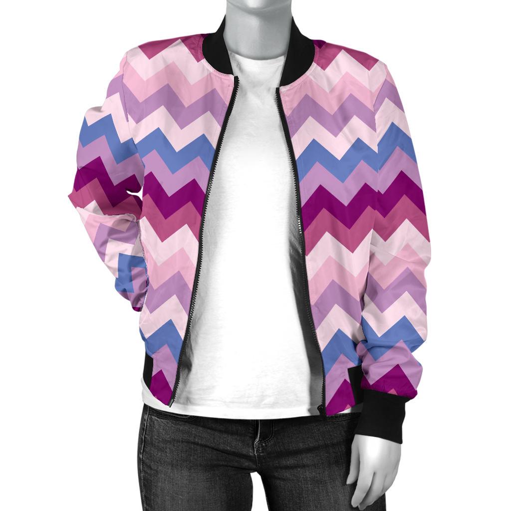 Zig Zag Pattern Print Women Casual Bomber Jacket-grizzshop