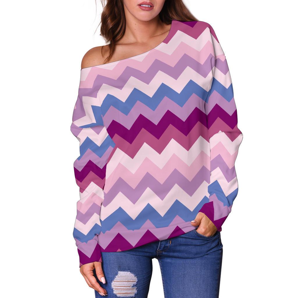 Zig Zag Pattern Print Women Off Shoulder Sweatshirt-grizzshop