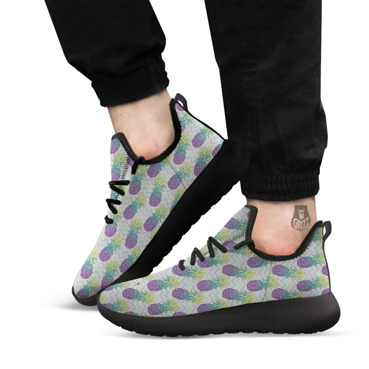 Zig Zag Pineapple Bright Print Pattern Black Athletic Shoes-grizzshop