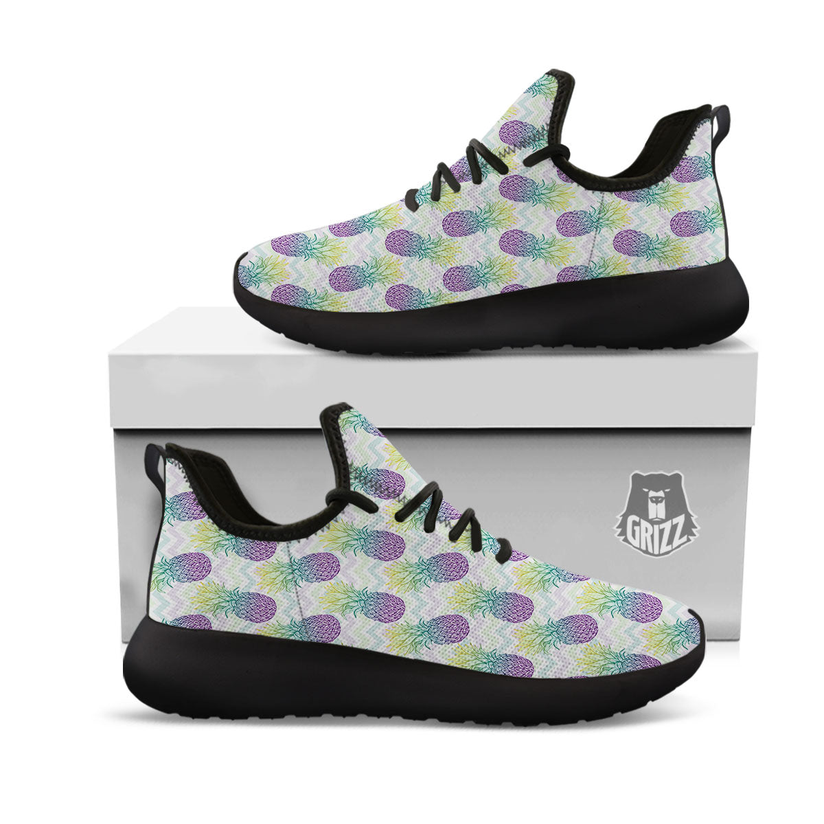 Zig Zag Pineapple Bright Print Pattern Black Athletic Shoes-grizzshop