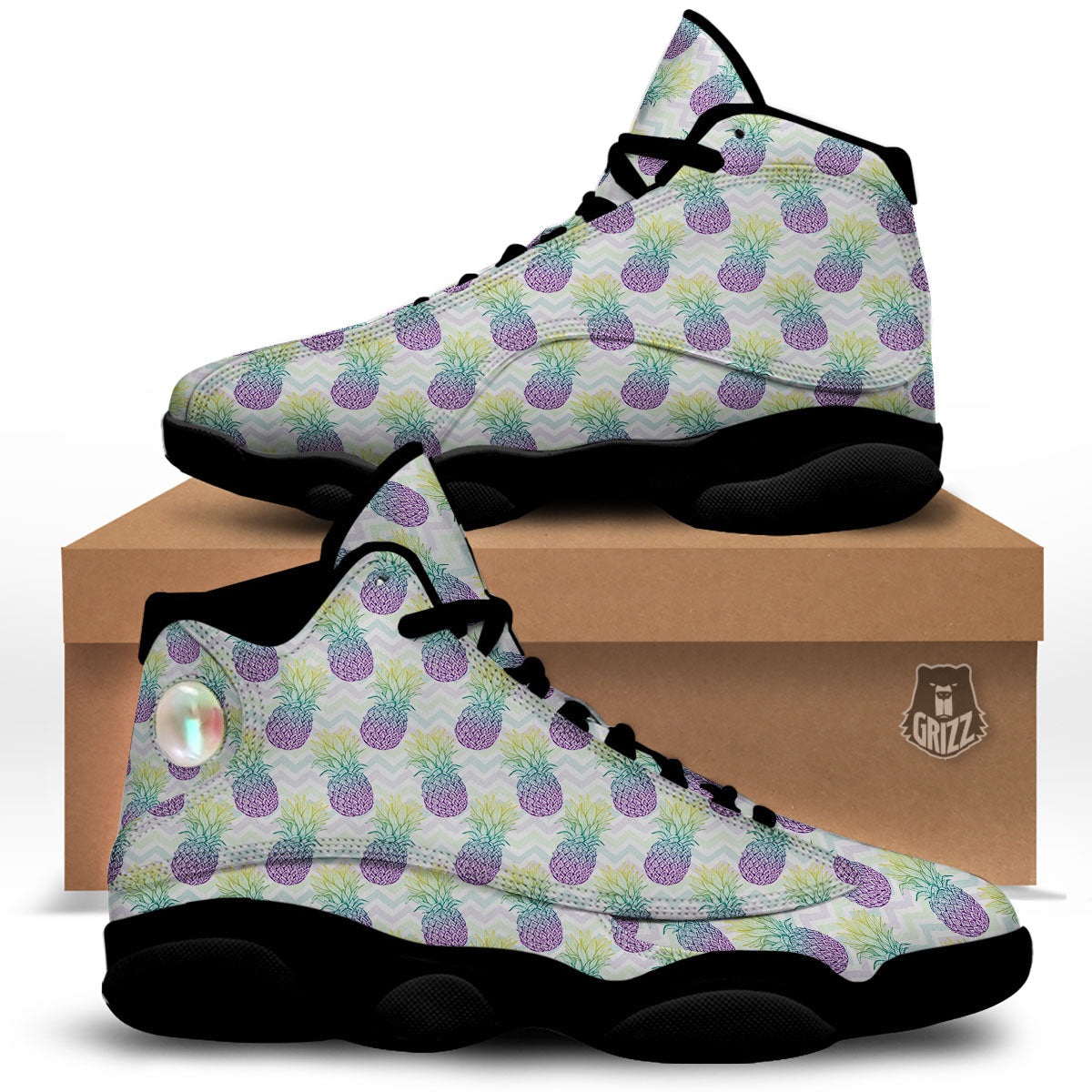 Zig Zag Pineapple Bright Print Pattern Black Basketball Shoes-grizzshop