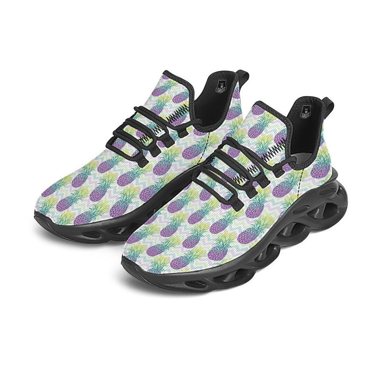 Zig Zag Pineapple Bright Print Pattern Black Running Shoes-grizzshop
