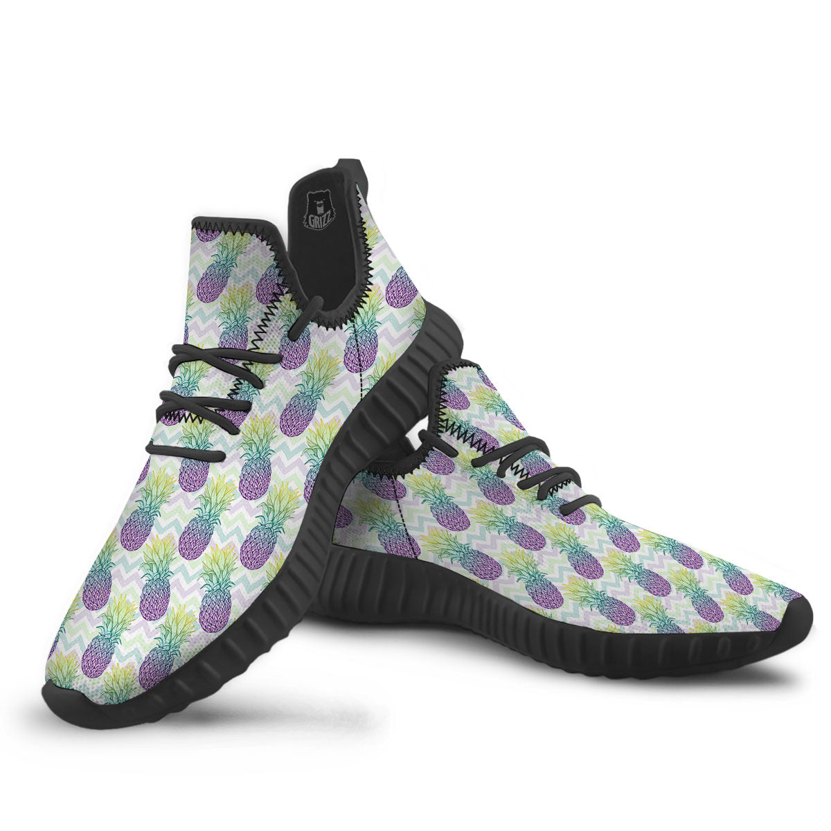 Zig Zag Pineapple Bright Print Pattern Black Walking Shoes-grizzshop
