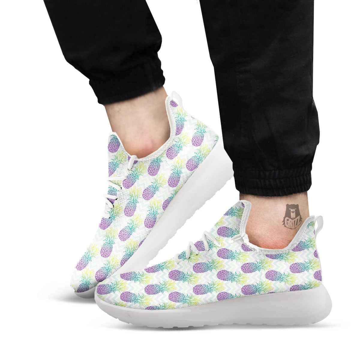 Zig Zag Pineapple Bright Print Pattern White Athletic Shoes-grizzshop