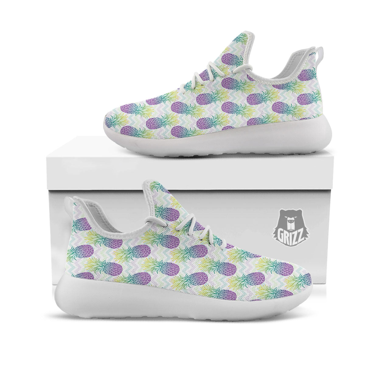 Zig Zag Pineapple Bright Print Pattern White Athletic Shoes-grizzshop