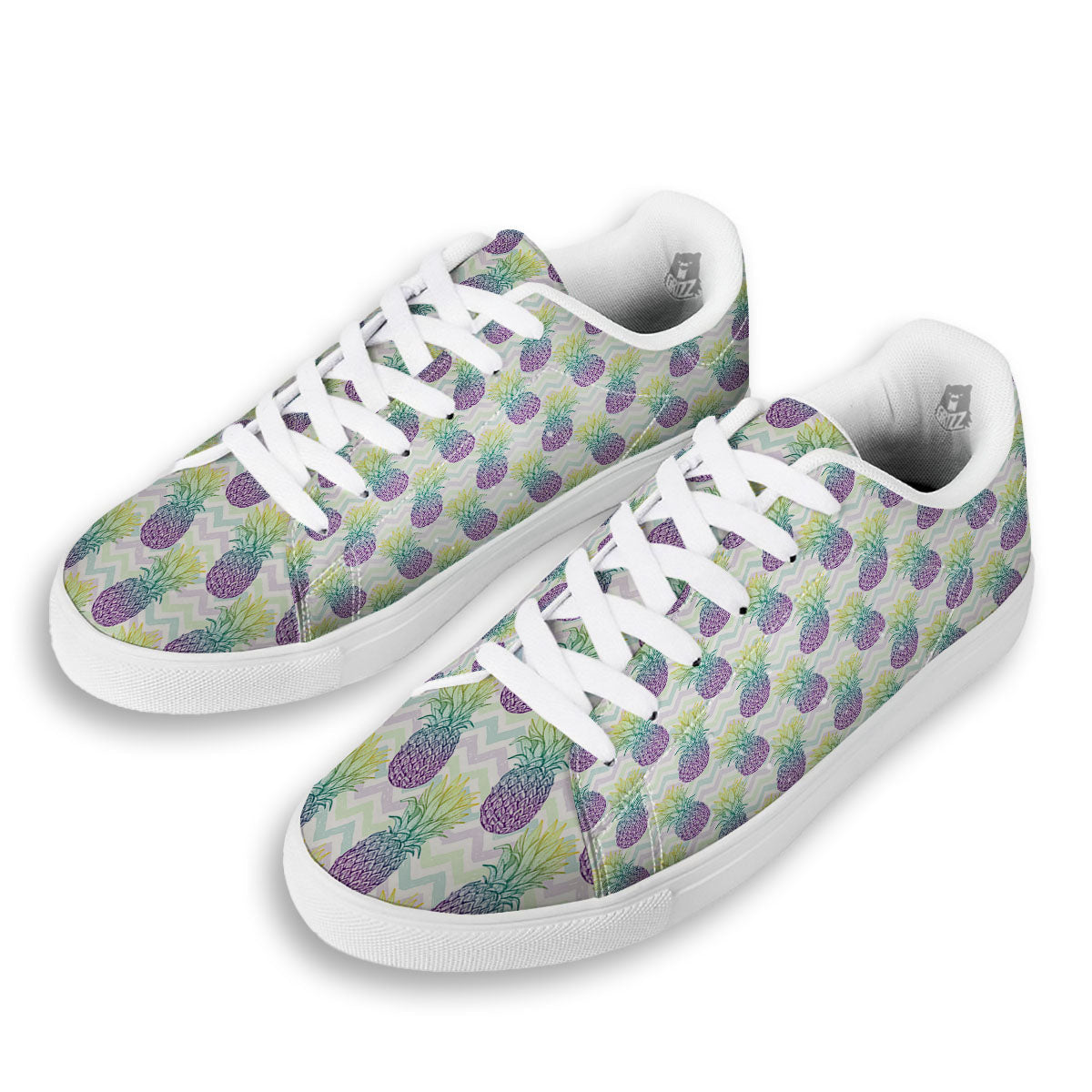 Zig Zag Pineapple Bright Print Pattern White Low Top Sneakers-grizzshop