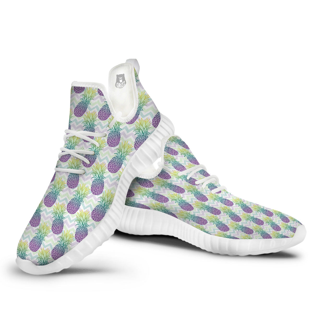 Zig Zag Pineapple Bright Print Pattern White Walking Shoes-grizzshop