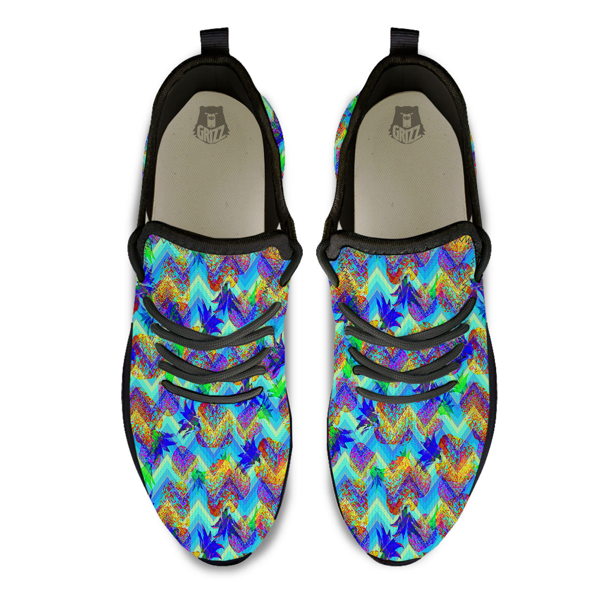 Zig Zag Pineapple Neon EDM Print Pattern Black Athletic Shoes-grizzshop
