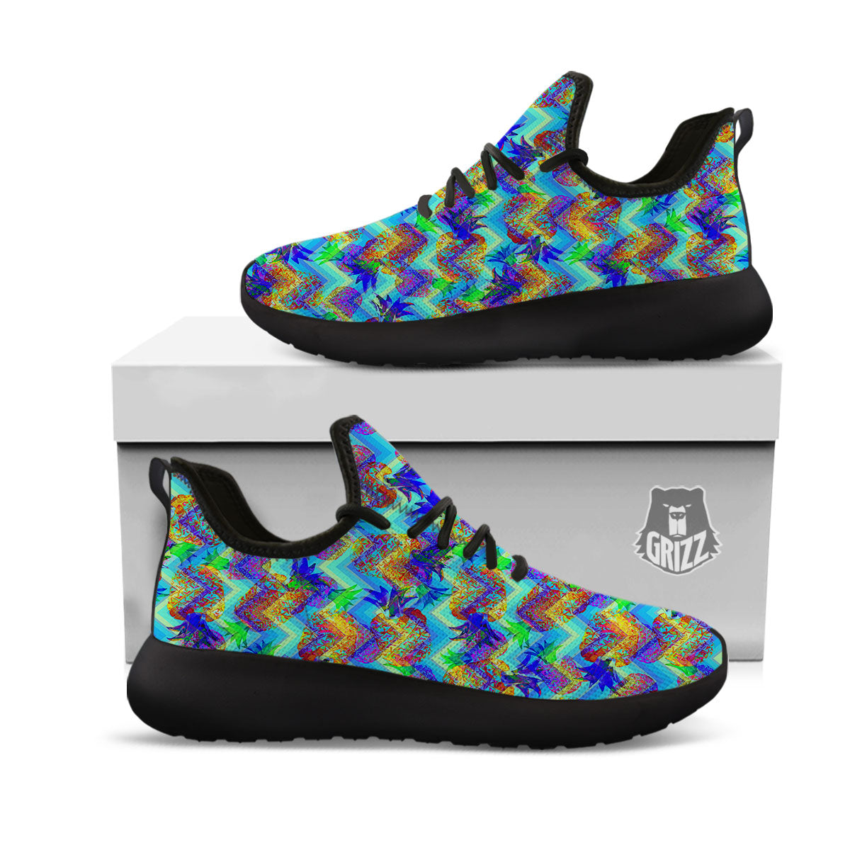 Zig Zag Pineapple Neon EDM Print Pattern Black Athletic Shoes-grizzshop
