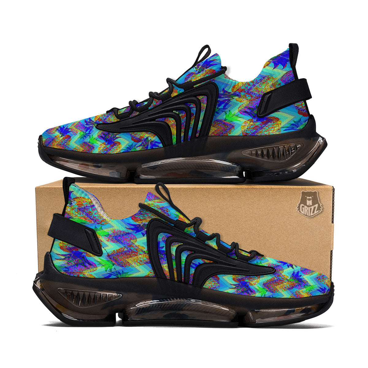 Zig Zag Pineapple Neon EDM Print Pattern Black Gym Shoes-grizzshop