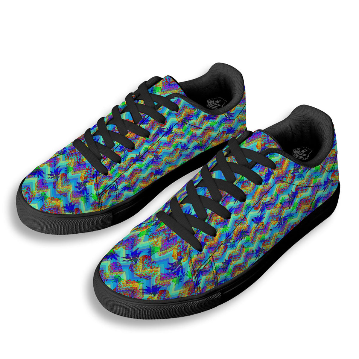 Zig Zag Pineapple Neon EDM Print Pattern Black Low Top Sneakers-grizzshop