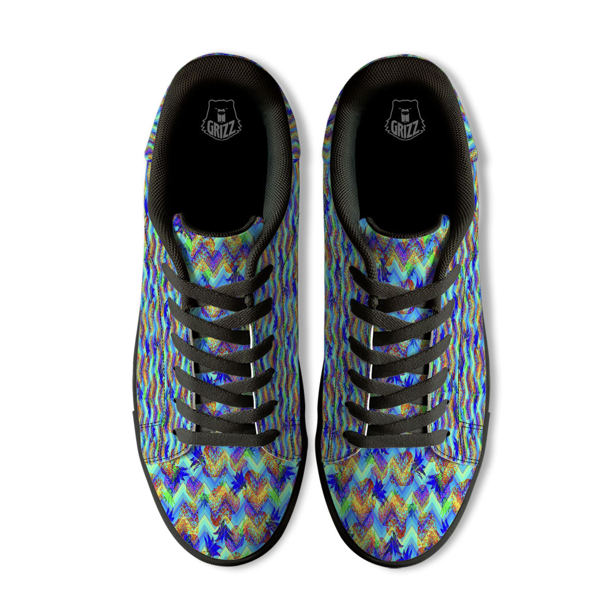 Zig Zag Pineapple Neon EDM Print Pattern Black Low Top Sneakers-grizzshop