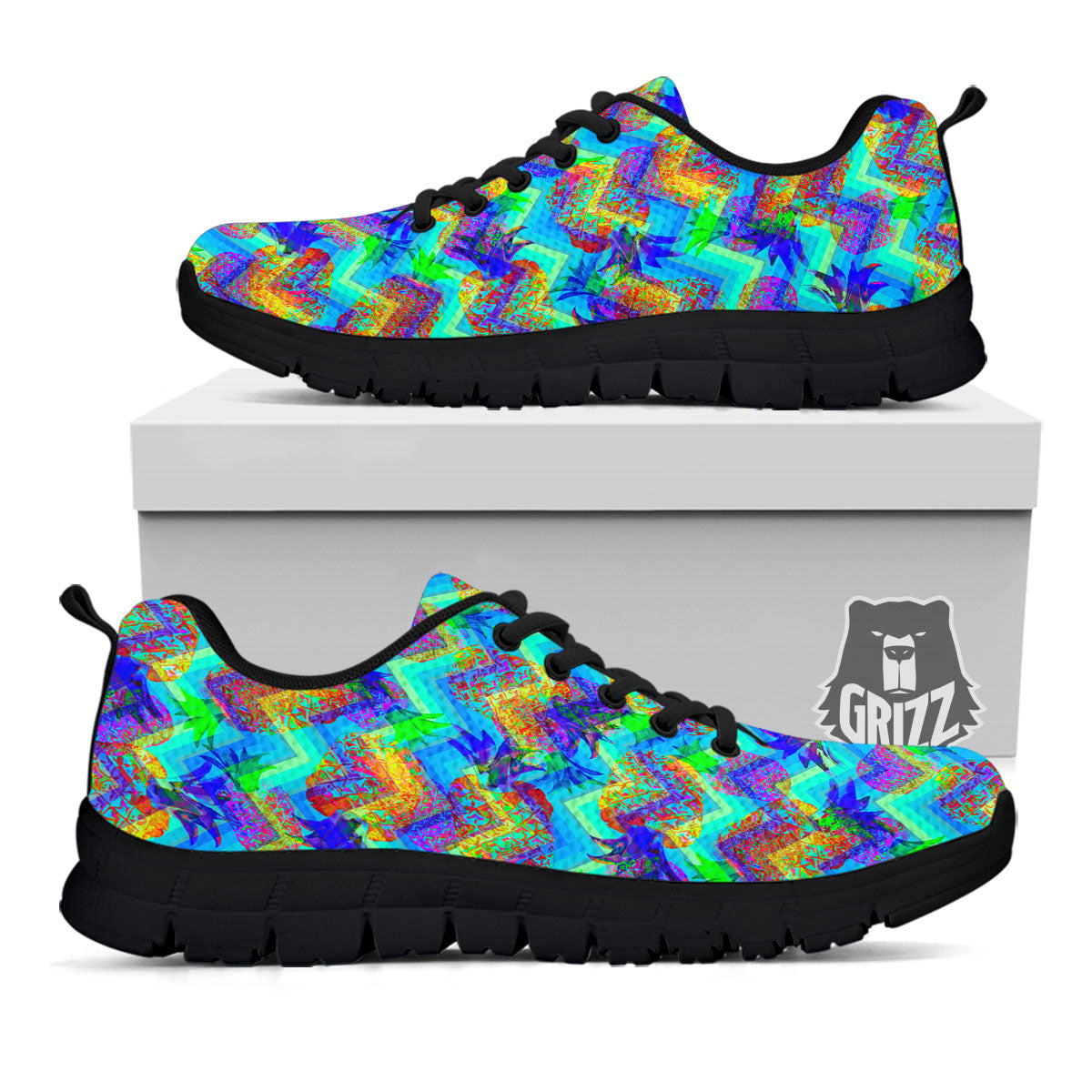 Zig Zag Pineapple Neon EDM Print Pattern Black Sneaker-grizzshop
