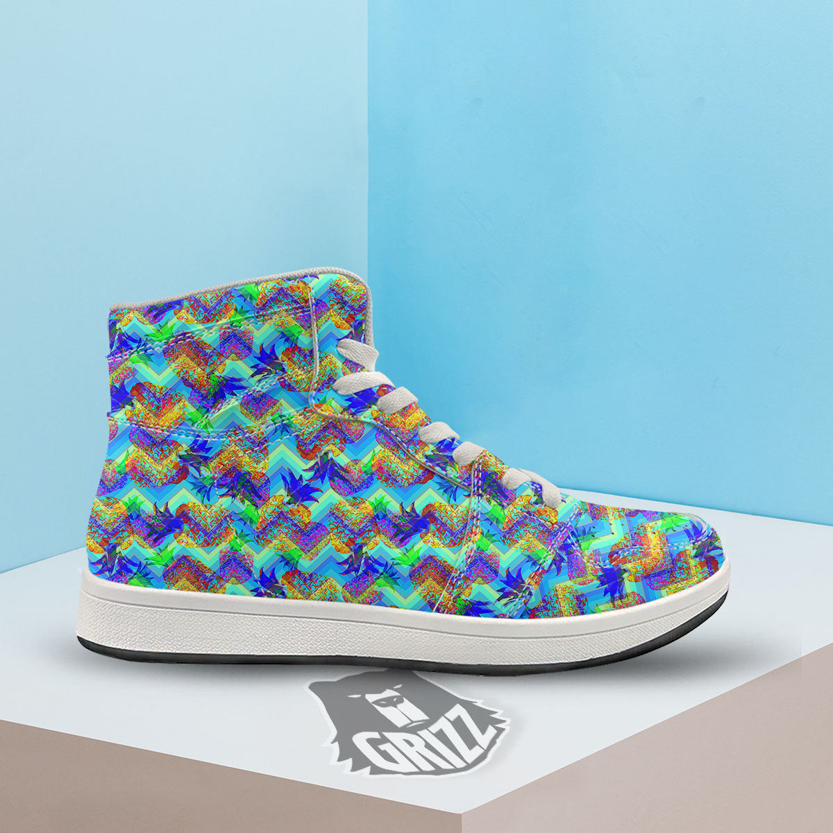 Zig Zag Pineapple Neon EDM Print Pattern High Top Sneakers-grizzshop