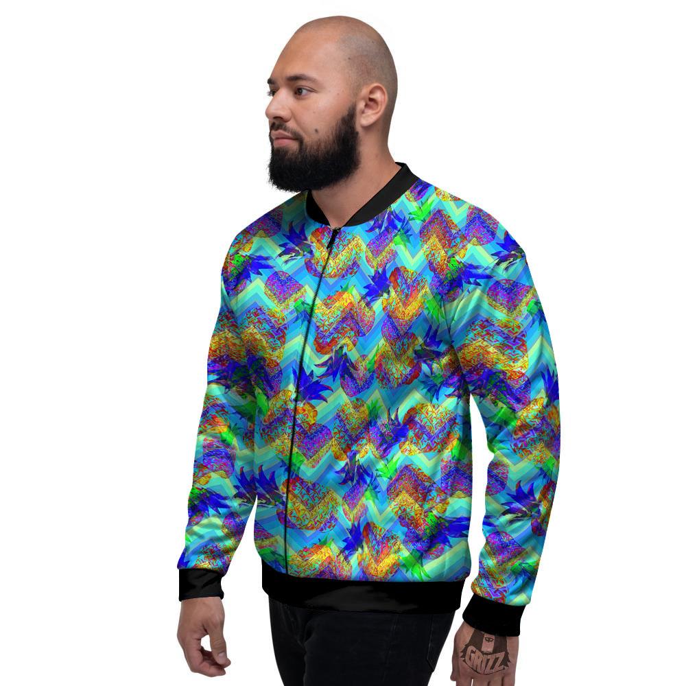 Zig Zag Pineapple Neon EDM Print Pattern Men's Bomber Jacket-grizzshop