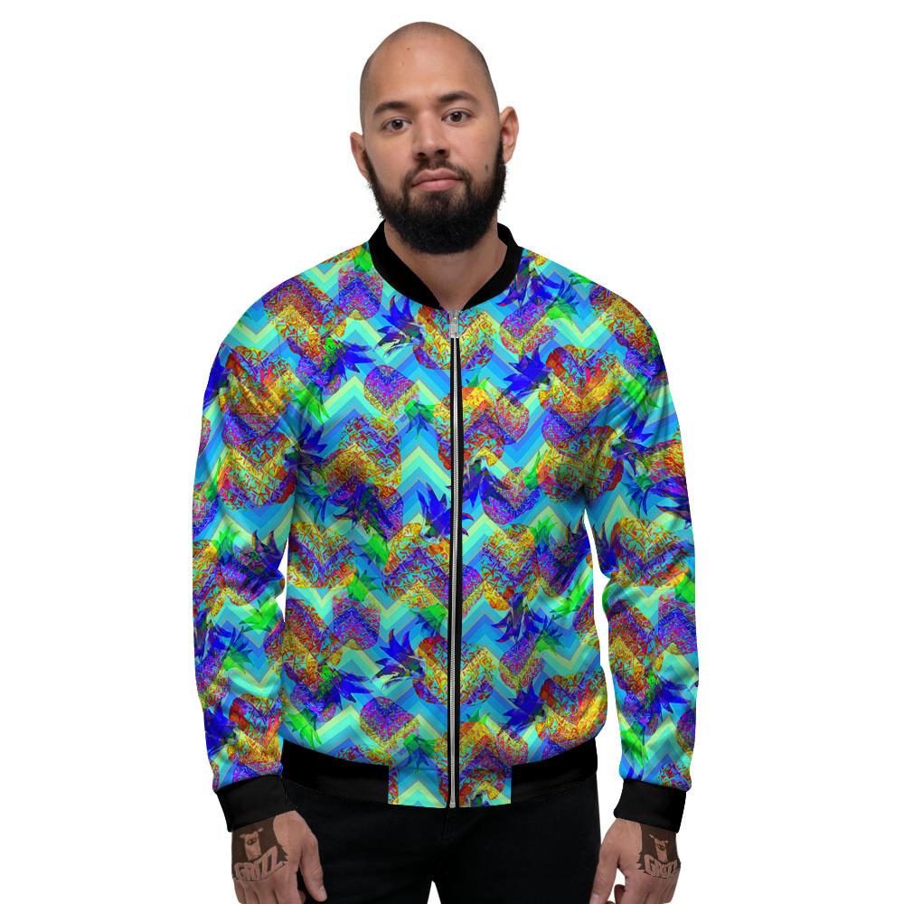 Zig Zag Pineapple Neon EDM Print Pattern Men's Bomber Jacket-grizzshop