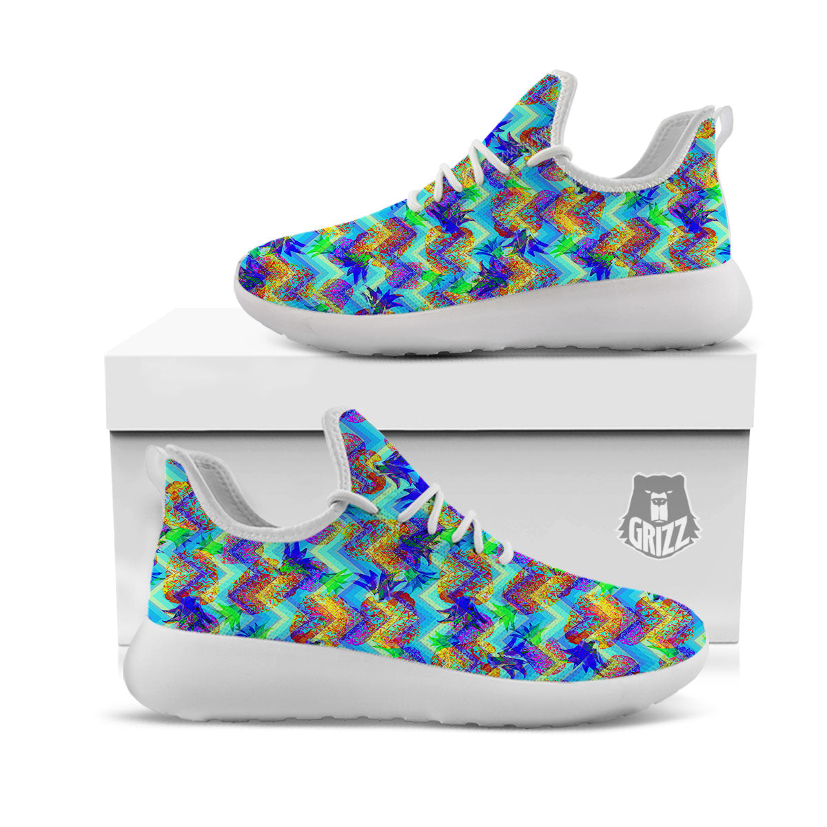 Zig Zag Pineapple Neon EDM Print Pattern White Athletic Shoes-grizzshop