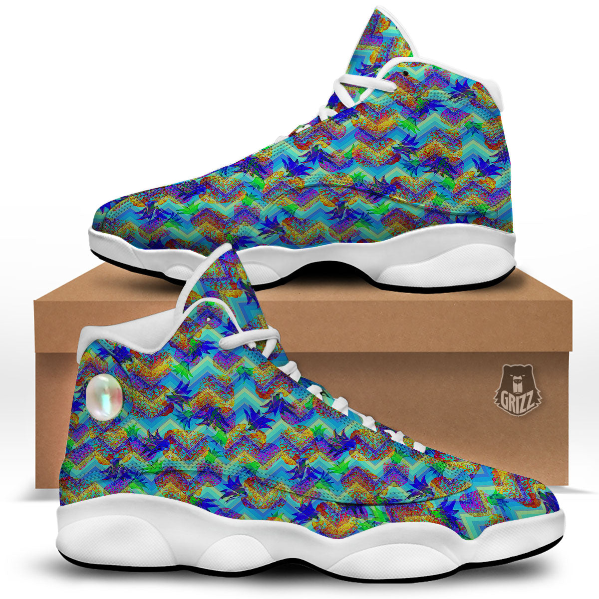 Zig Zag Pineapple Neon EDM Print Pattern White Basketball Shoes-grizzshop