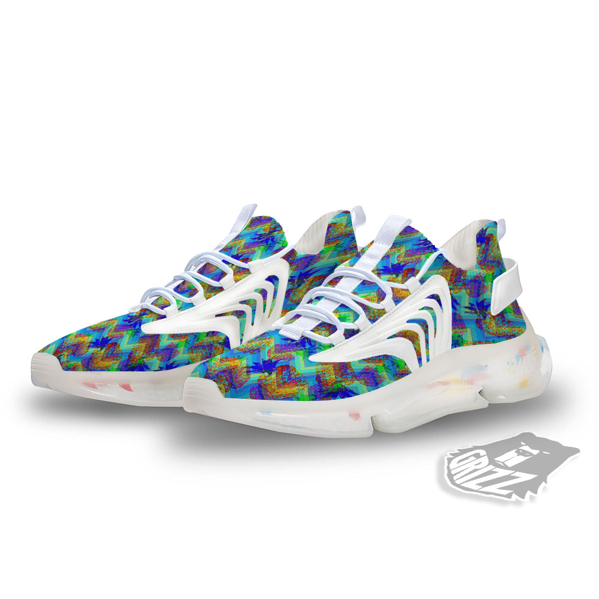 Zig Zag Pineapple Neon EDM Print Pattern White Gym Shoes-grizzshop