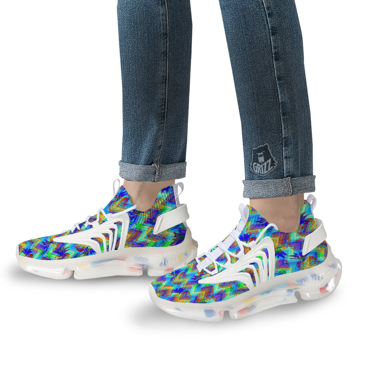 Zig Zag Pineapple Neon EDM Print Pattern White Gym Shoes-grizzshop