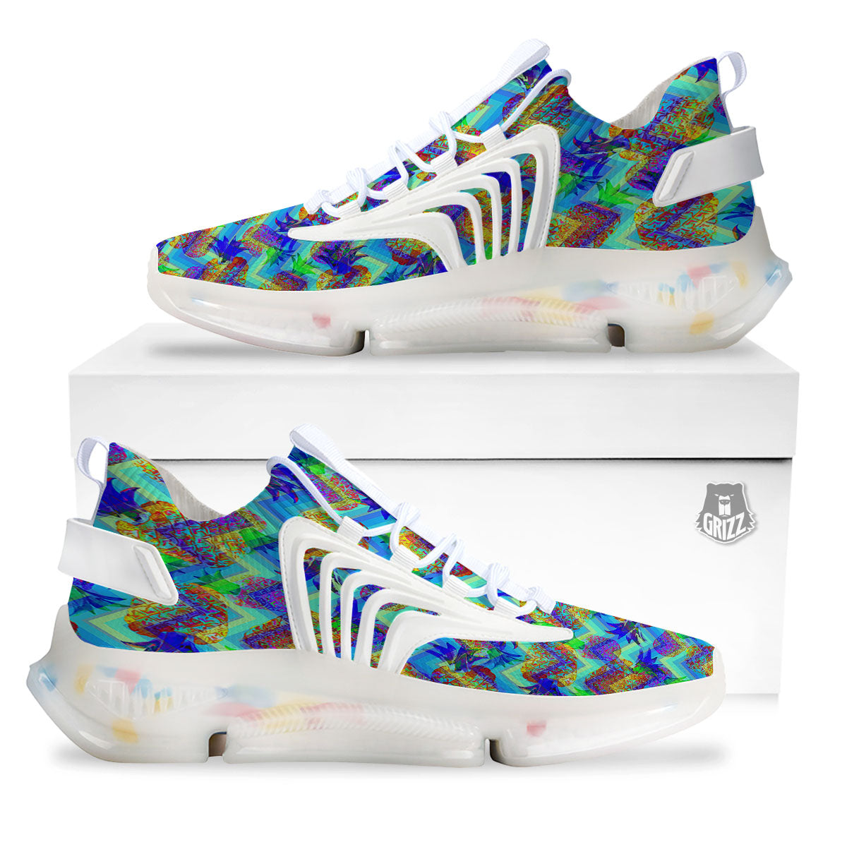 Zig Zag Pineapple Neon EDM Print Pattern White Gym Shoes-grizzshop