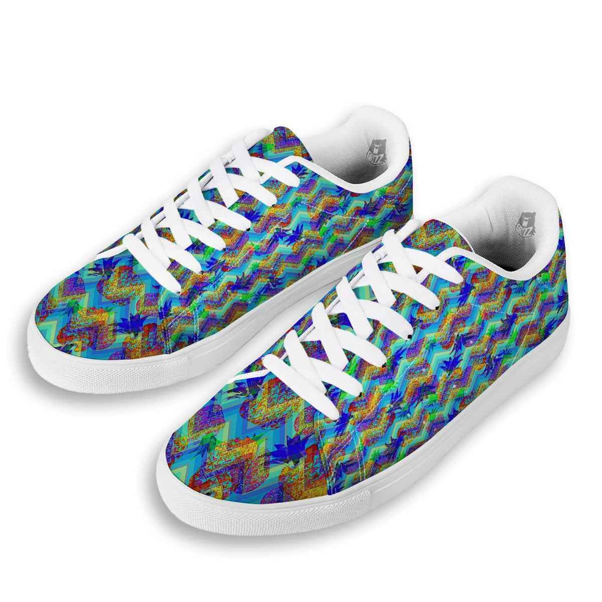 Zig Zag Pineapple Neon EDM Print Pattern White Low Top Sneakers-grizzshop