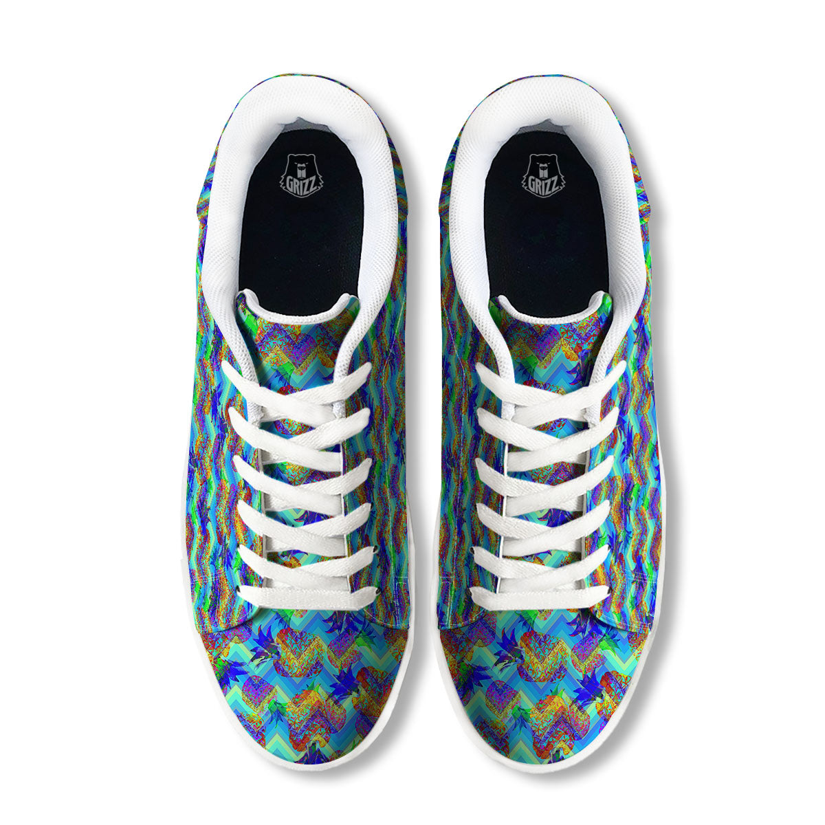 Zig Zag Pineapple Neon EDM Print Pattern White Low Top Sneakers-grizzshop