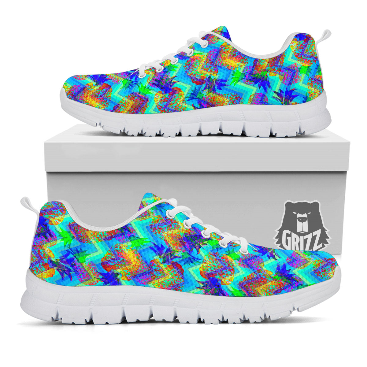 Zig Zag Pineapple Neon EDM Print Pattern White Sneaker-grizzshop
