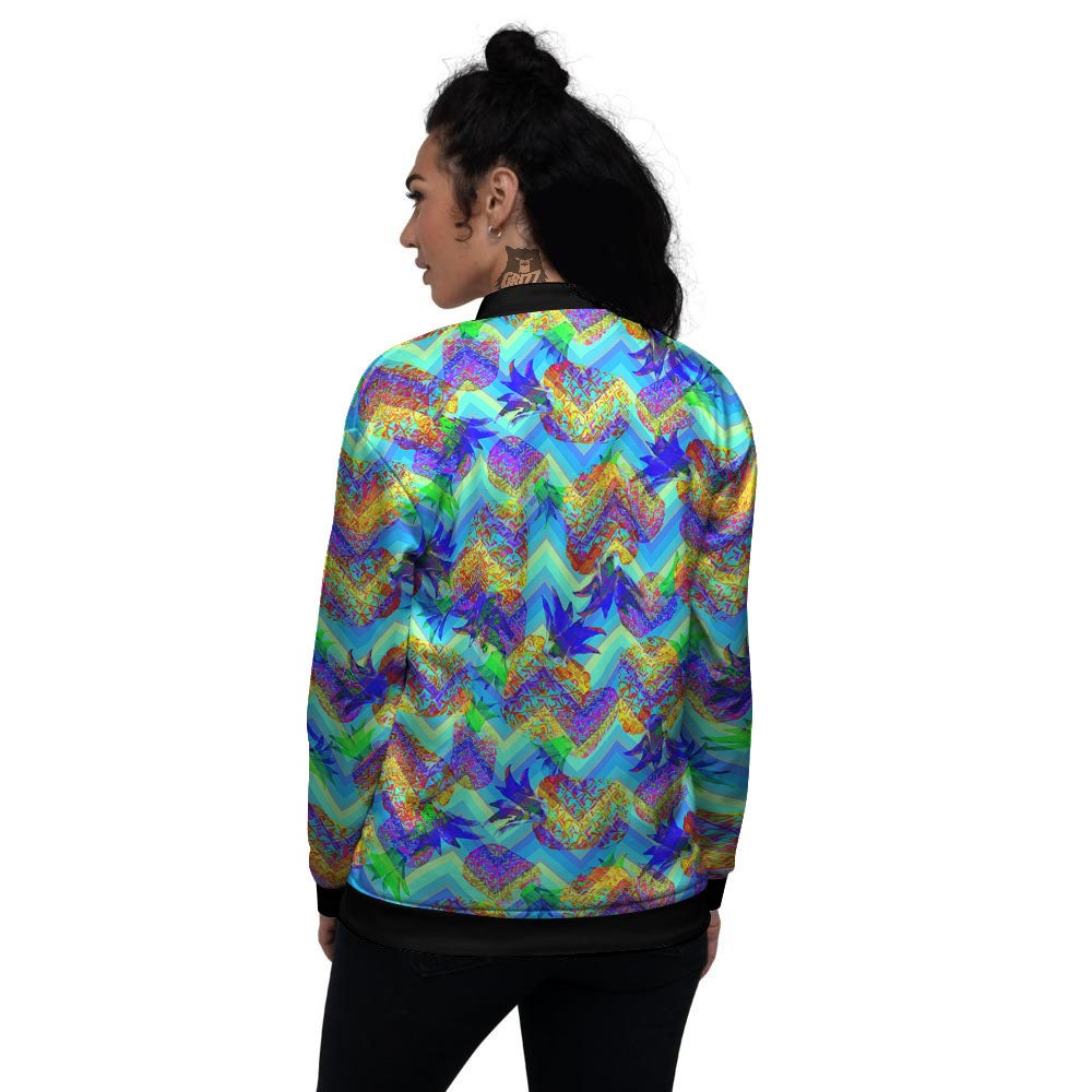 Zig Zag Pineapple Neon EDM Print Pattern Women's Bomber Jacket-grizzshop