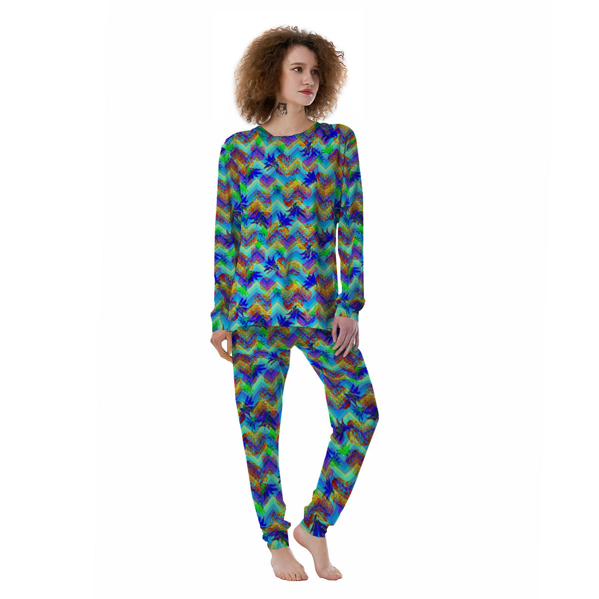 Zig Zag Pineapple Neon EDM Print Pattern Women's Pajamas-grizzshop
