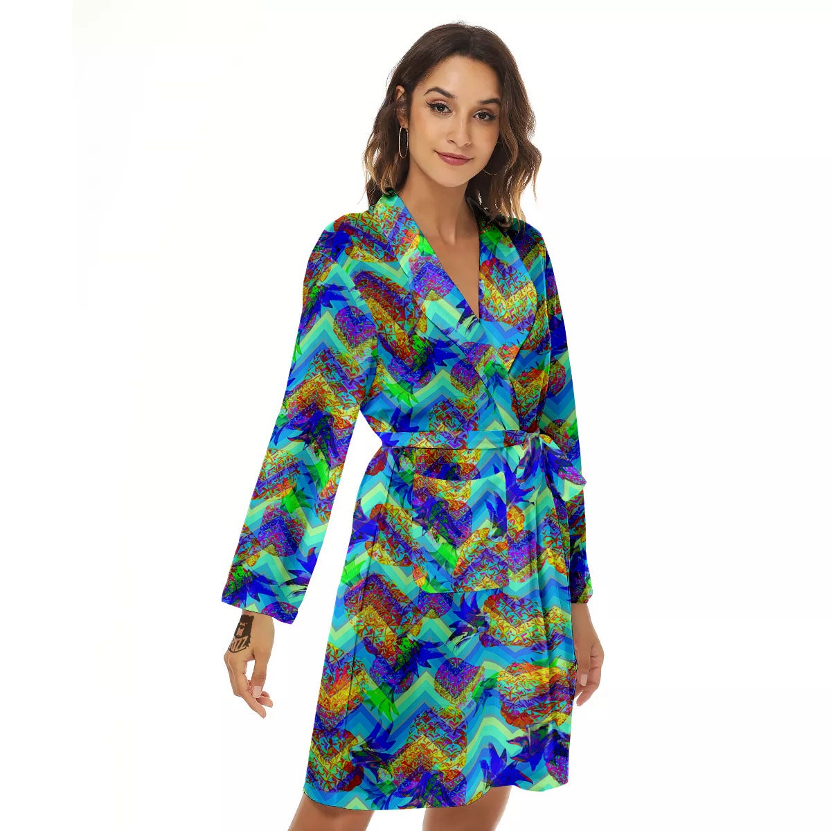 Zig Zag Pineapple Neon EDM Print Pattern Women's Robe-grizzshop