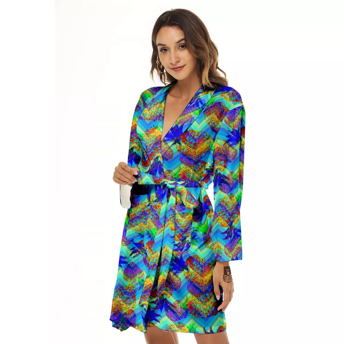 Zig Zag Pineapple Neon EDM Print Pattern Women's Robe-grizzshop