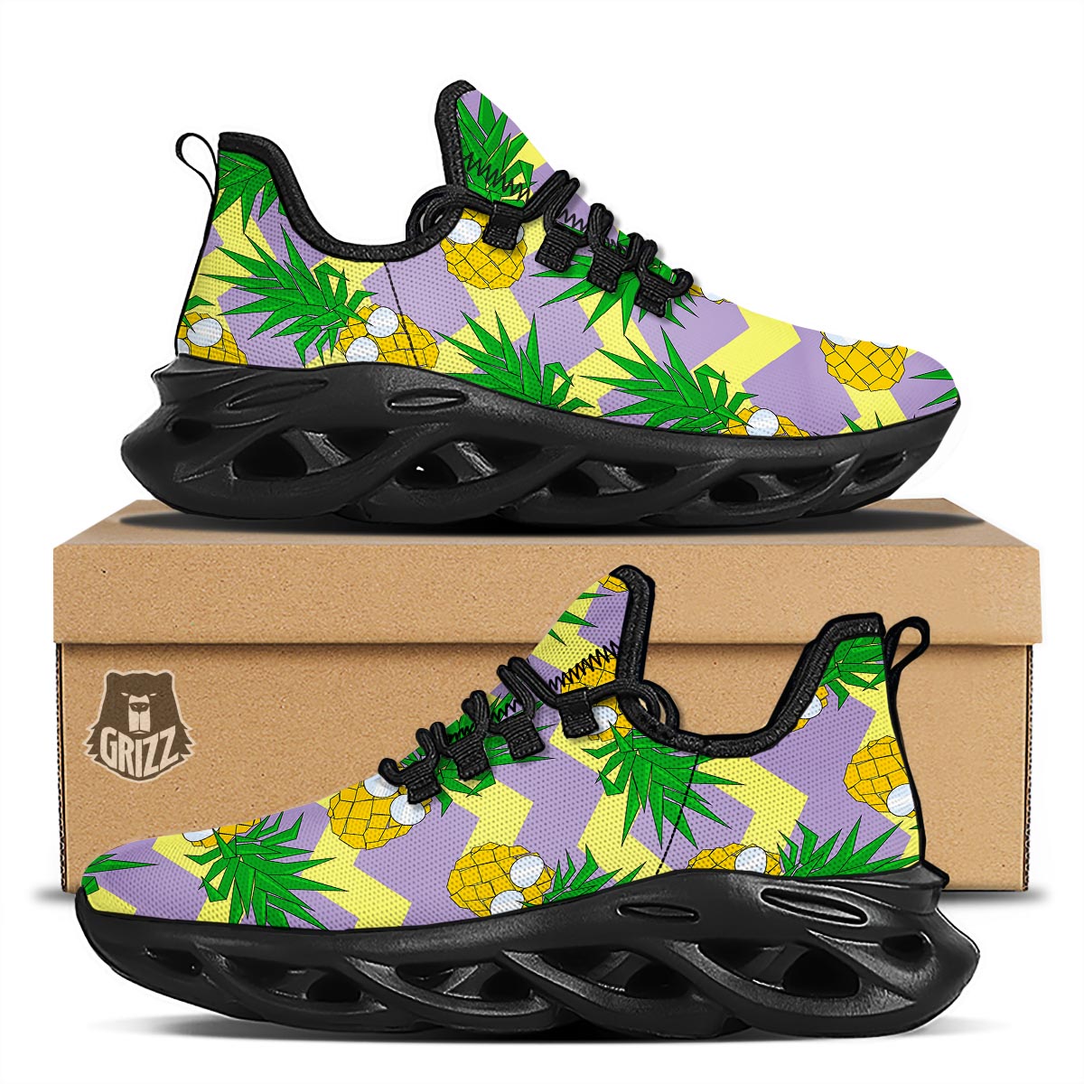 Zig Zag Pineapple Print Black Running Shoes-grizzshop