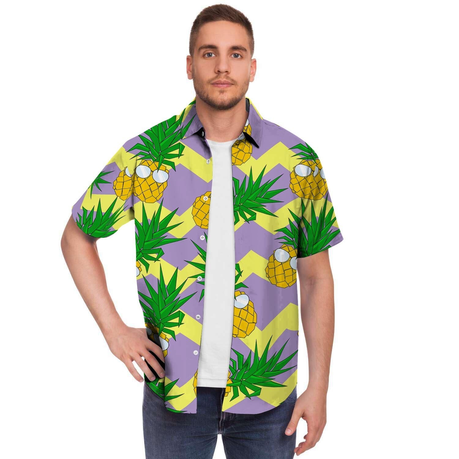 Zig Zag Pineapple Print Men's Short Sleeve Shirt-grizzshop