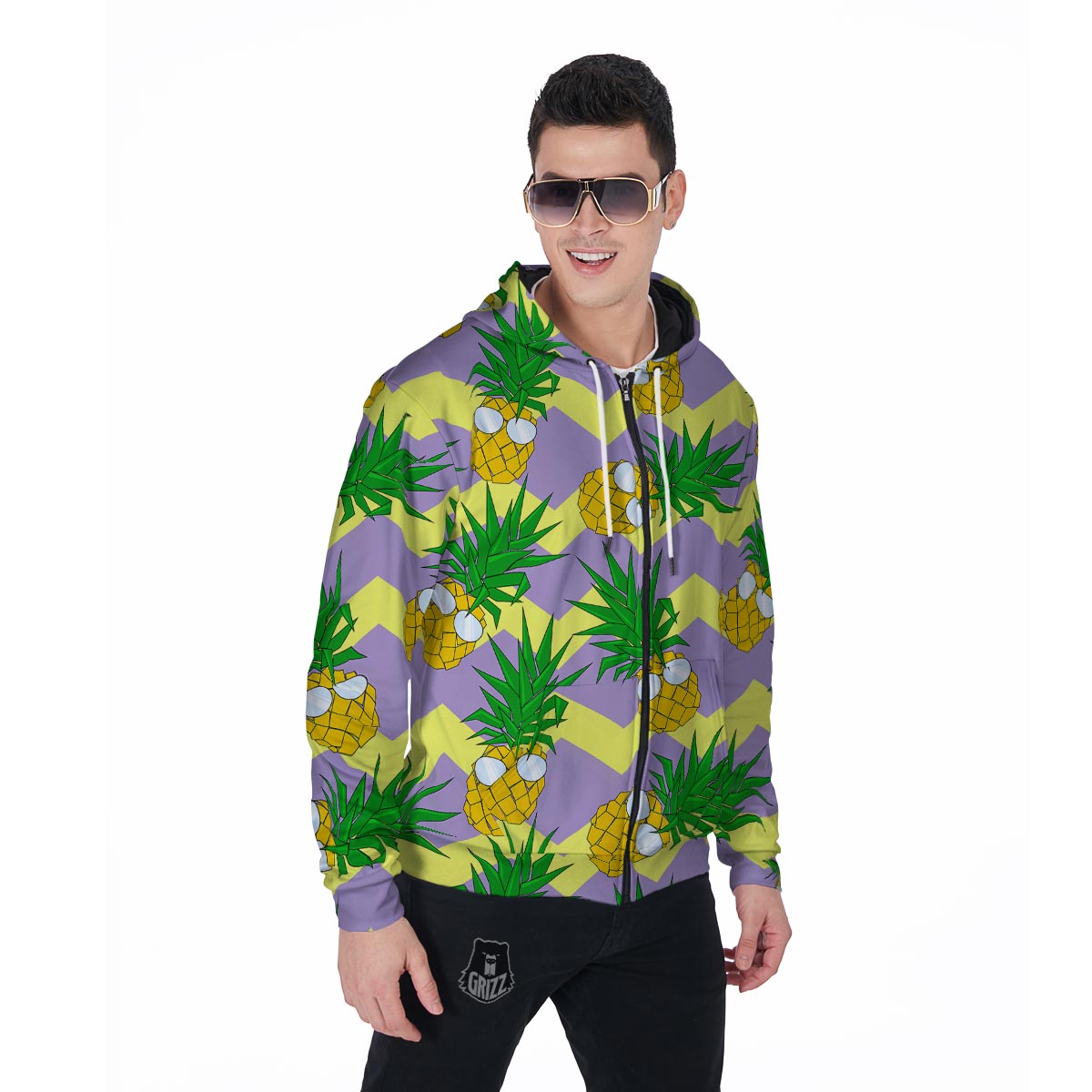 Zig Zag Pineapple Print Men's Zip Up Hoodie-grizzshop