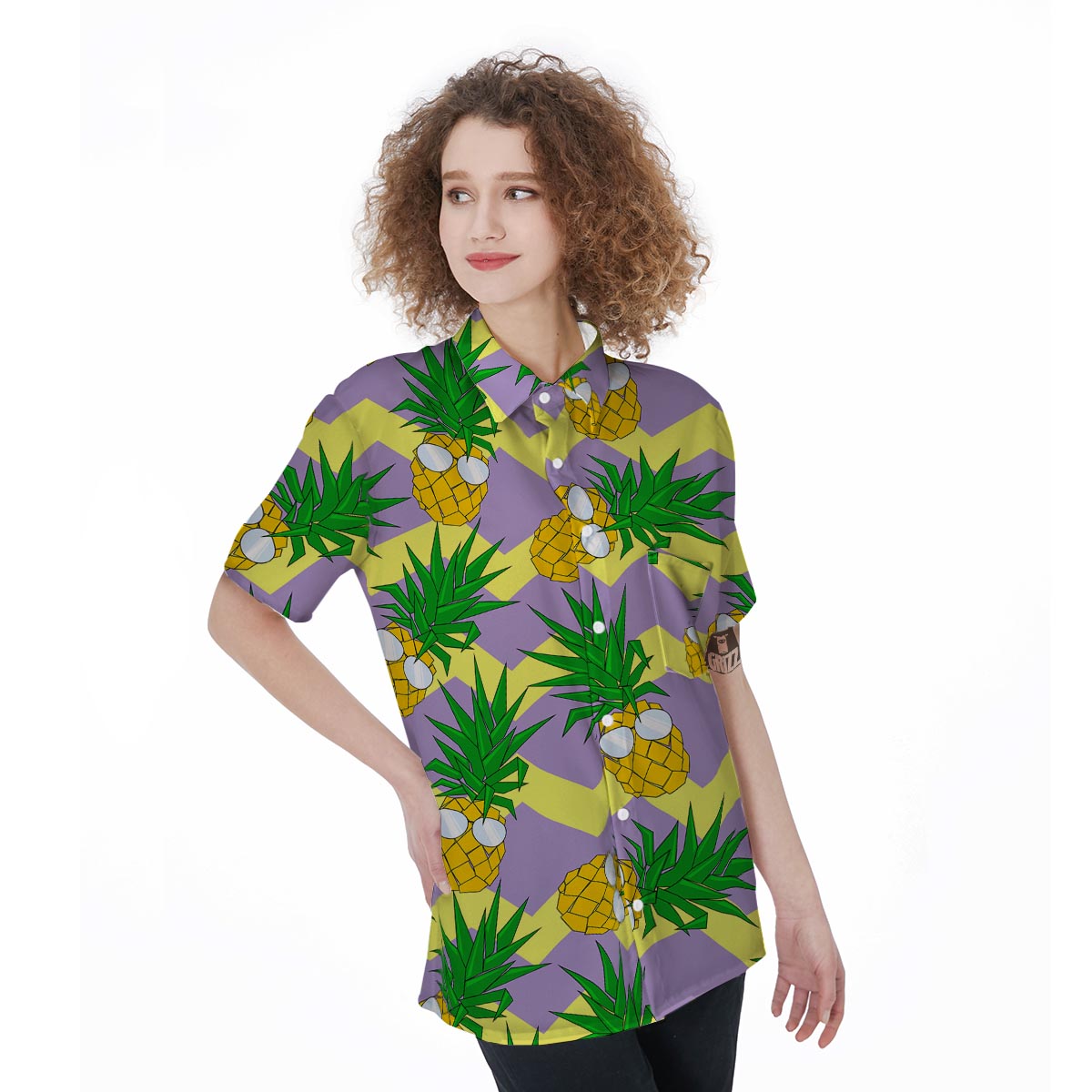 Zig Zag Pineapple Print Women's Short Sleeve Shirts-grizzshop