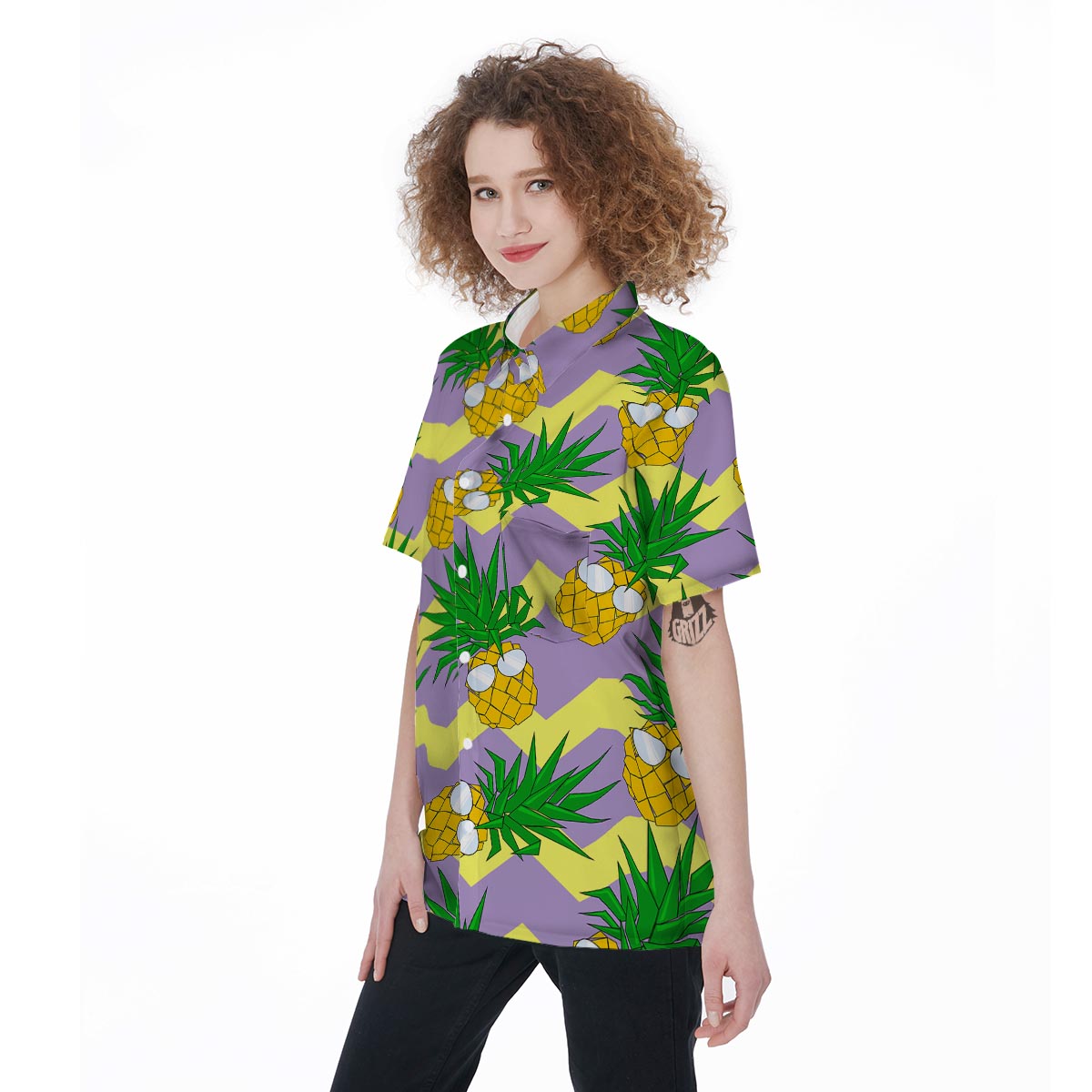 Zig Zag Pineapple Print Women's Short Sleeve Shirts-grizzshop