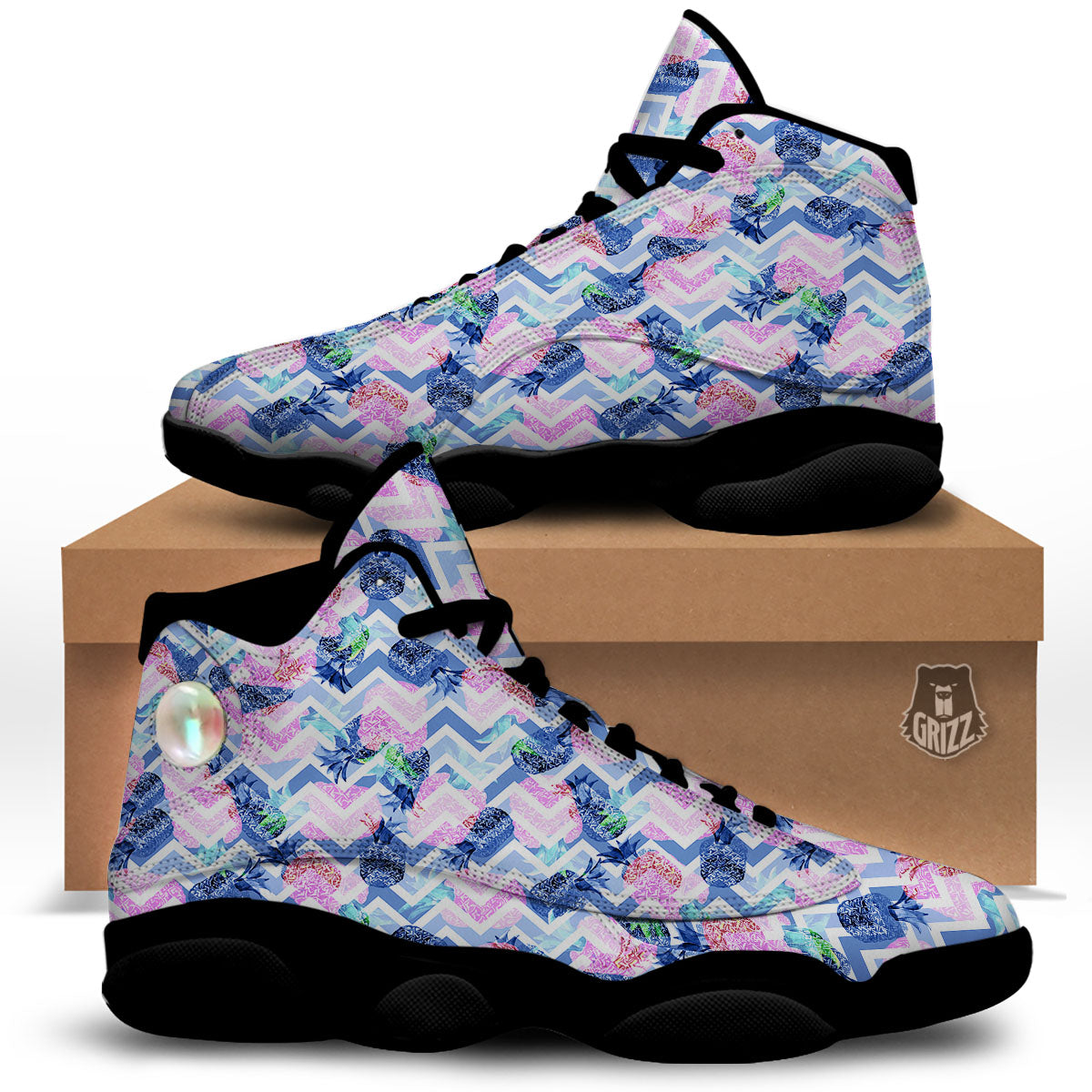 Zig Zag Pineapple Purple Print Pattern Black Basketball Shoes-grizzshop