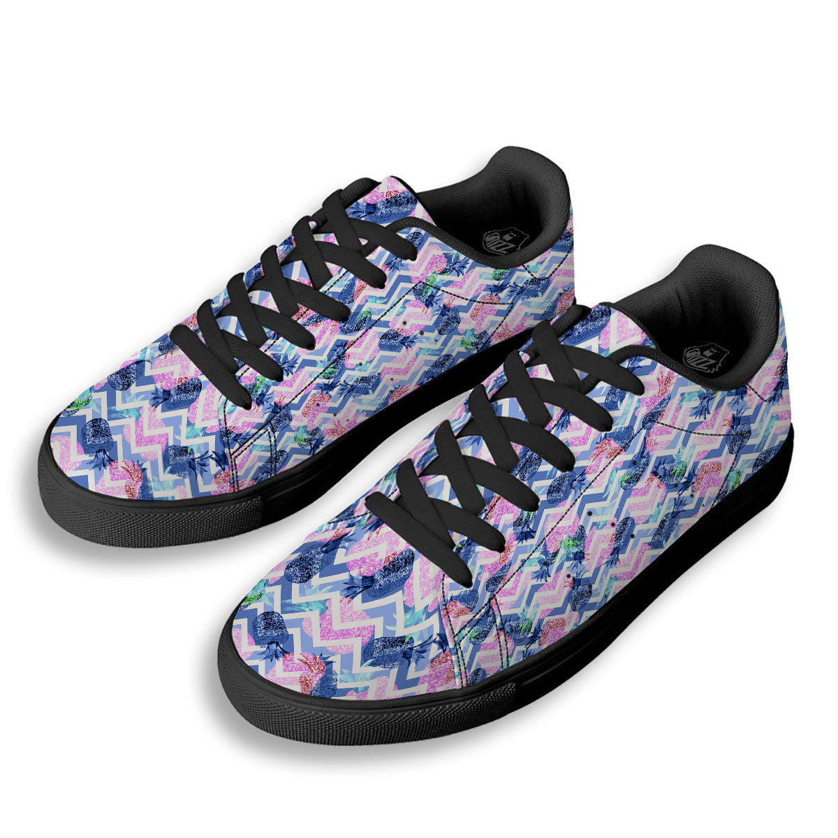 Zig Zag Pineapple Purple Print Pattern Black Low Top Sneakers-grizzshop