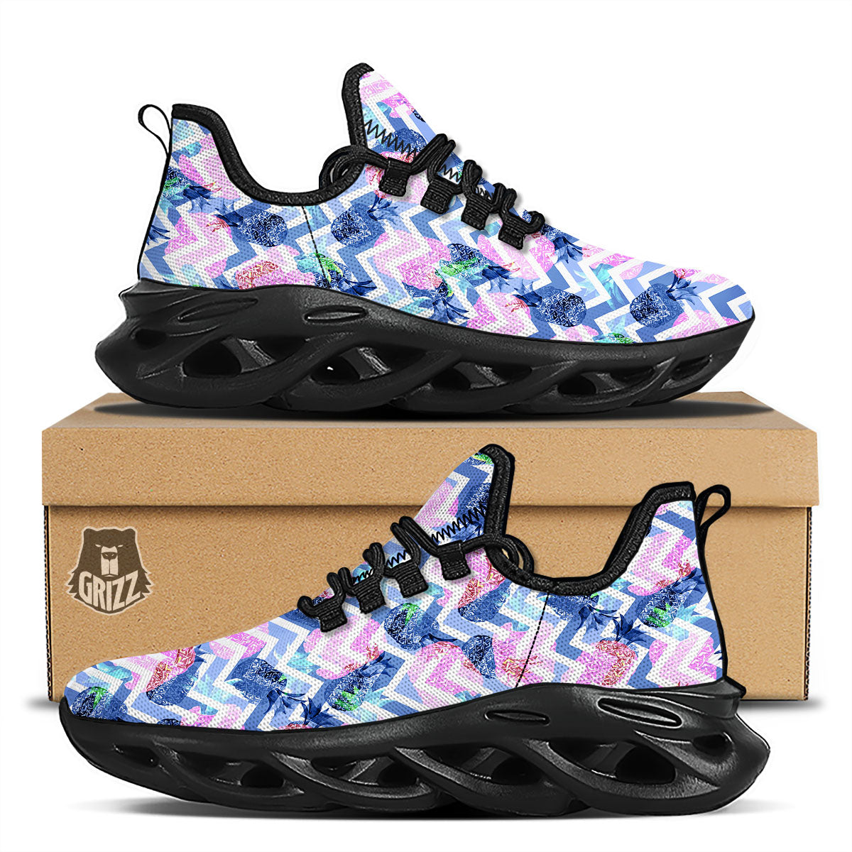 Zig Zag Pineapple Purple Print Pattern Black Running Shoes-grizzshop