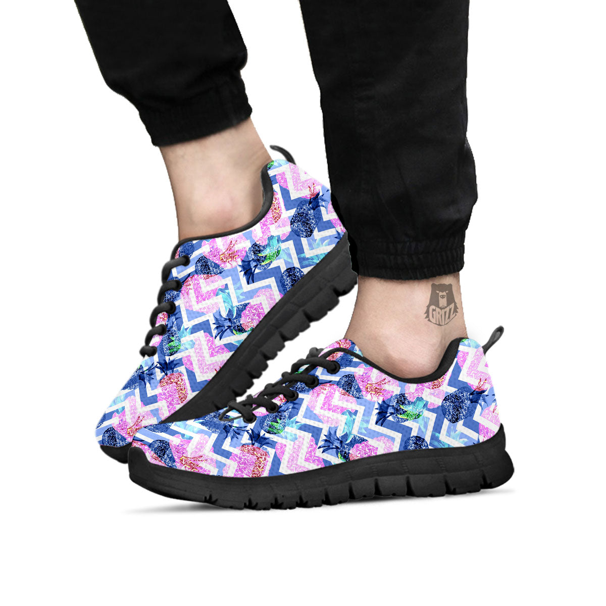 Zig Zag Pineapple Purple Print Pattern Black Sneaker-grizzshop