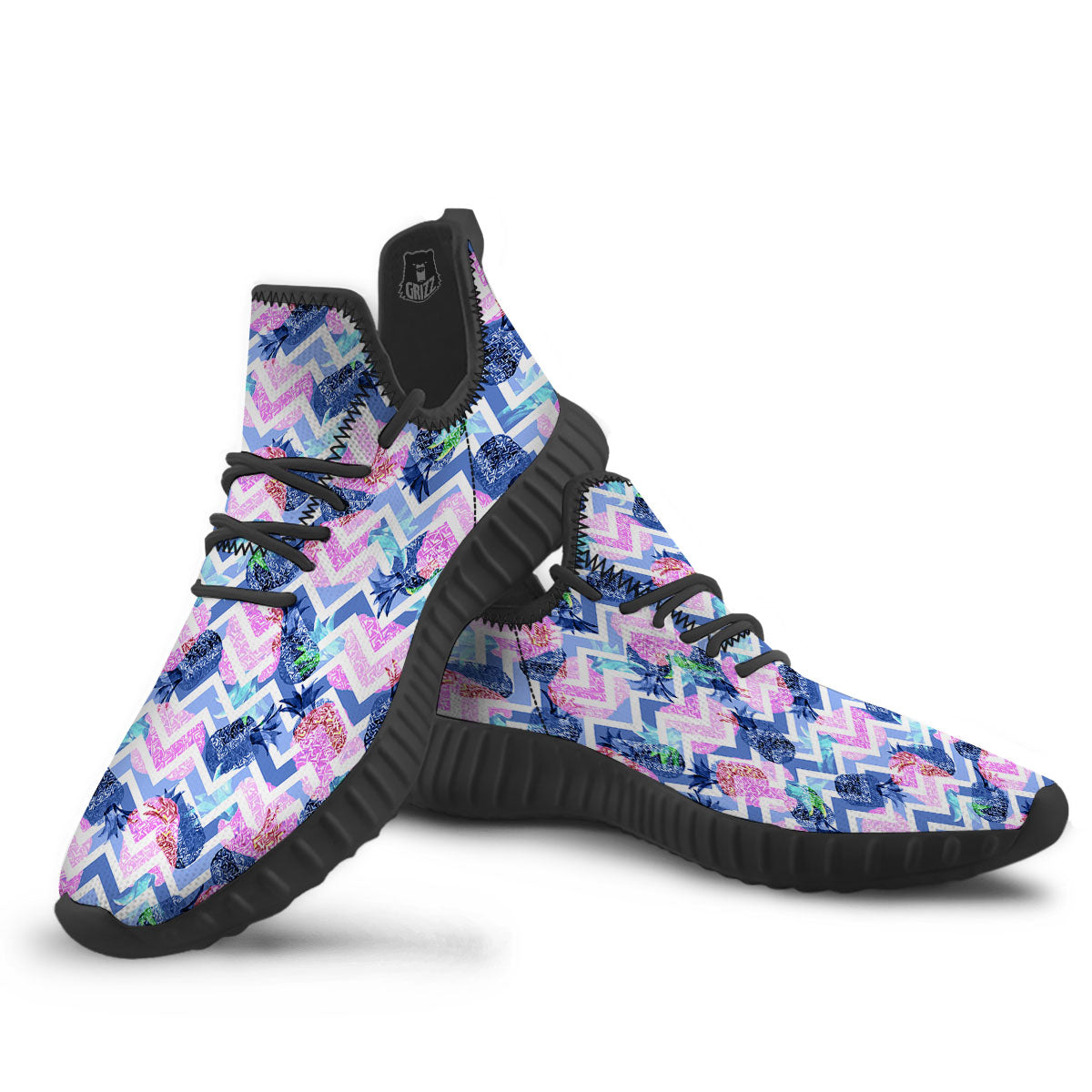 Zig Zag Pineapple Purple Print Pattern Black Walking Shoes-grizzshop