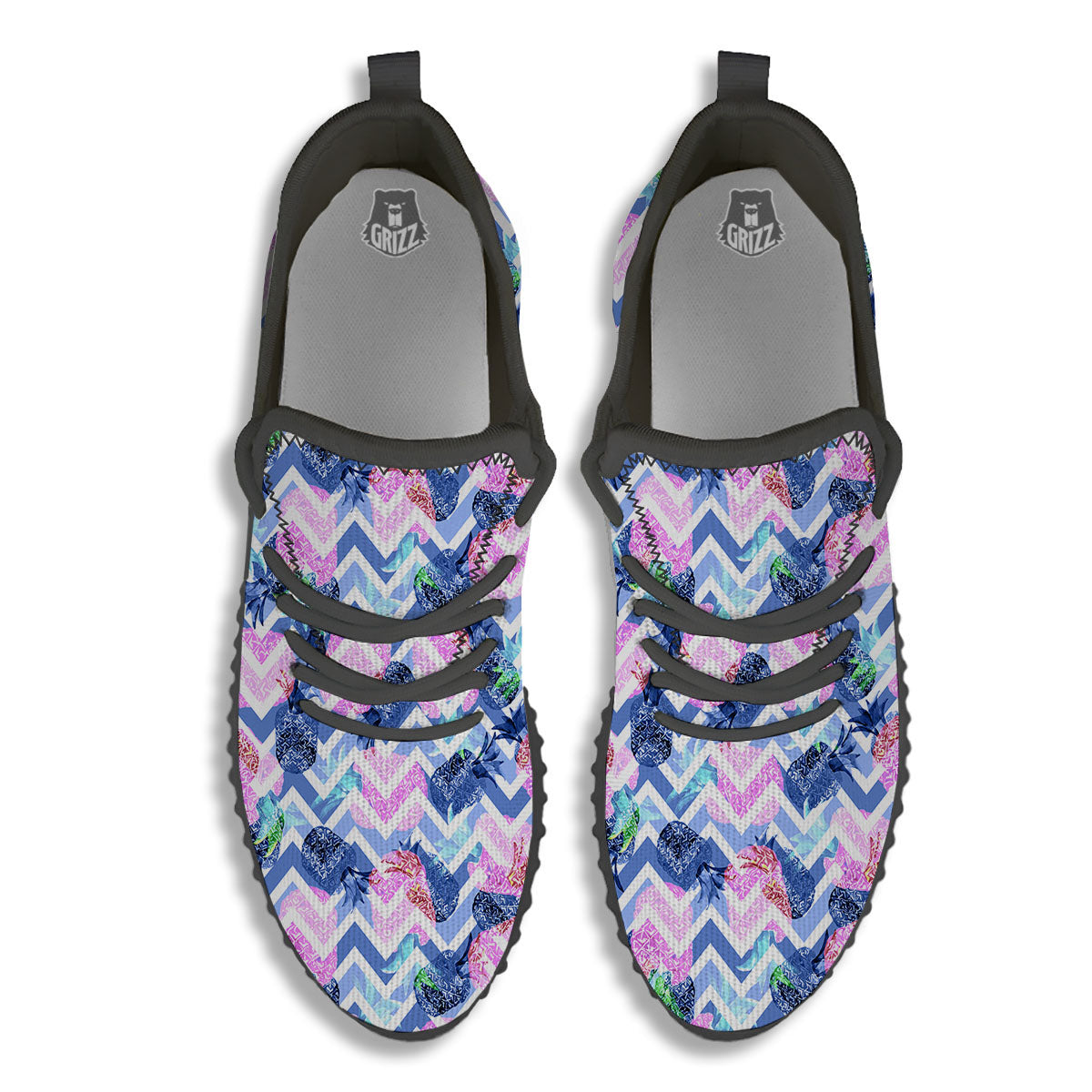 Zig Zag Pineapple Purple Print Pattern Black Walking Shoes-grizzshop