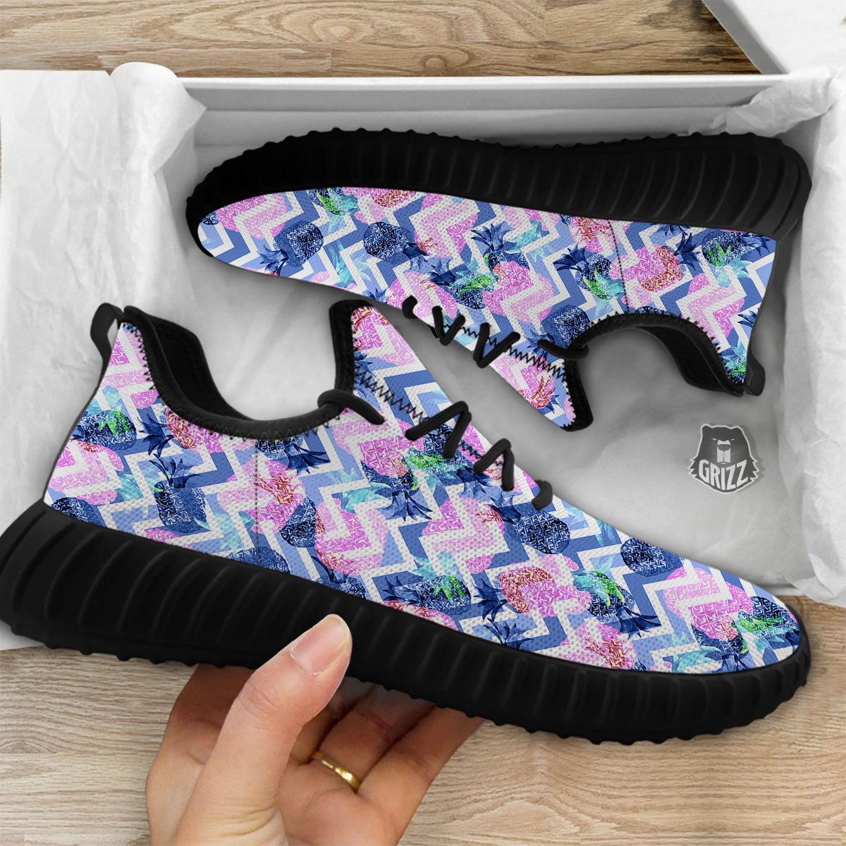 Zig Zag Pineapple Purple Print Pattern Black Walking Shoes-grizzshop