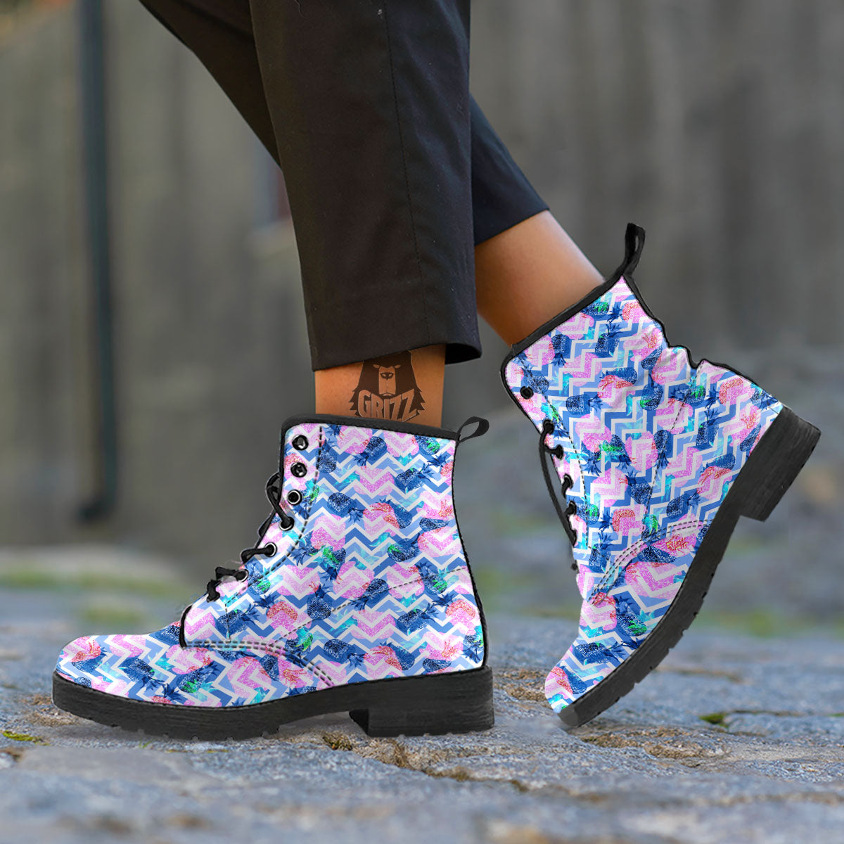 Zig Zag Pineapple Purple Print Pattern Leather Boots-grizzshop