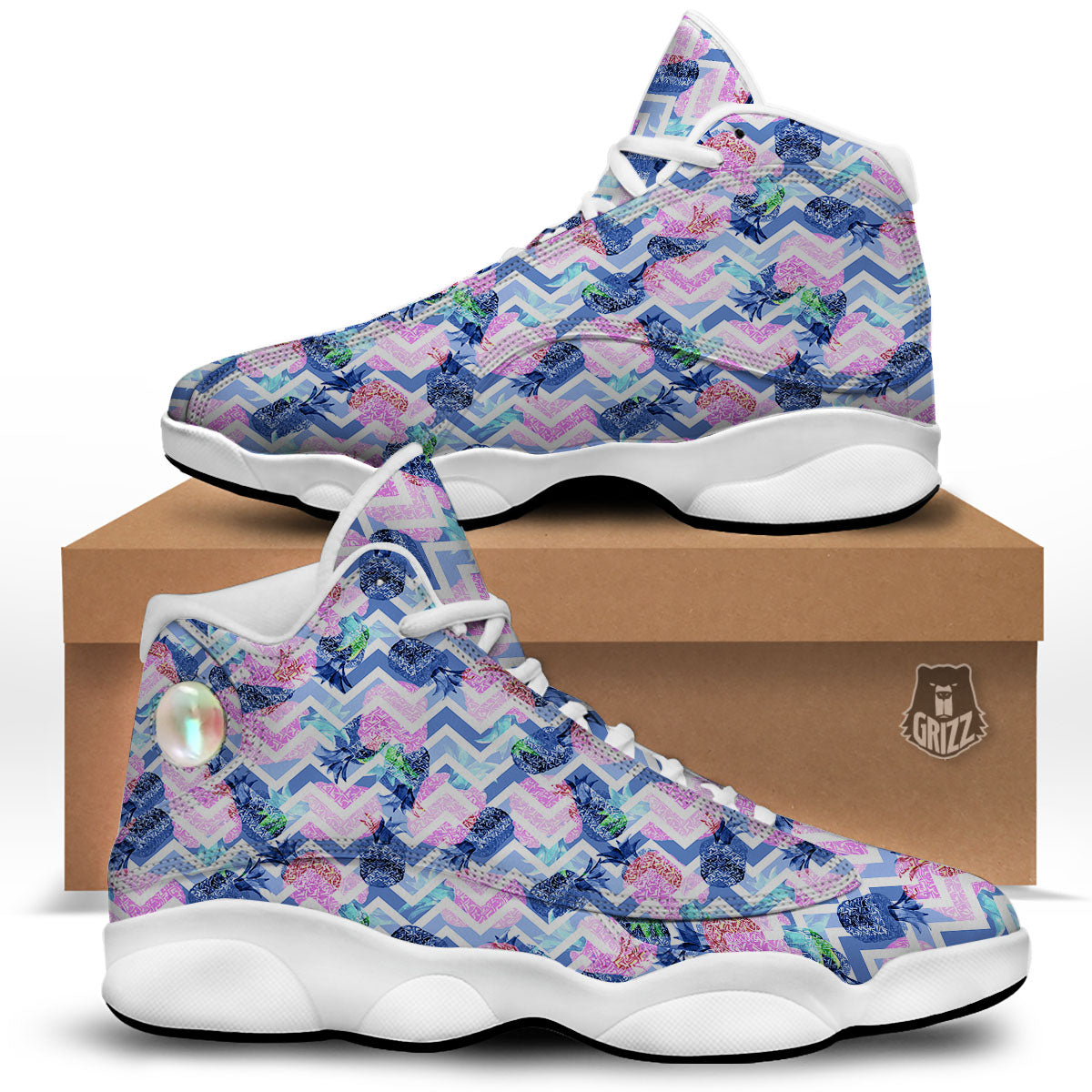 Zig Zag Pineapple Purple Print Pattern White Basketball Shoes-grizzshop