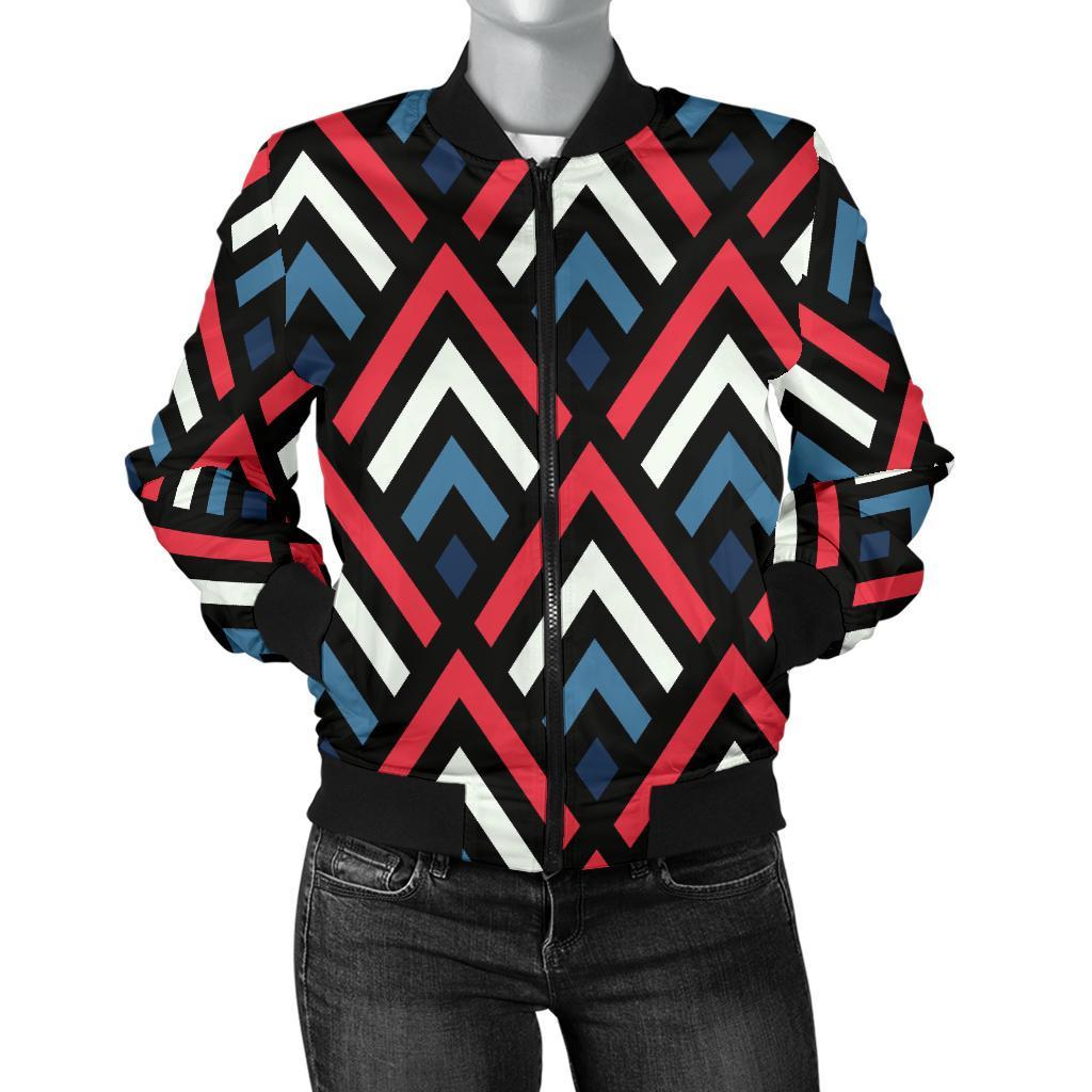 Zig Zag Print Pattern Women Casual Bomber Jacket-grizzshop