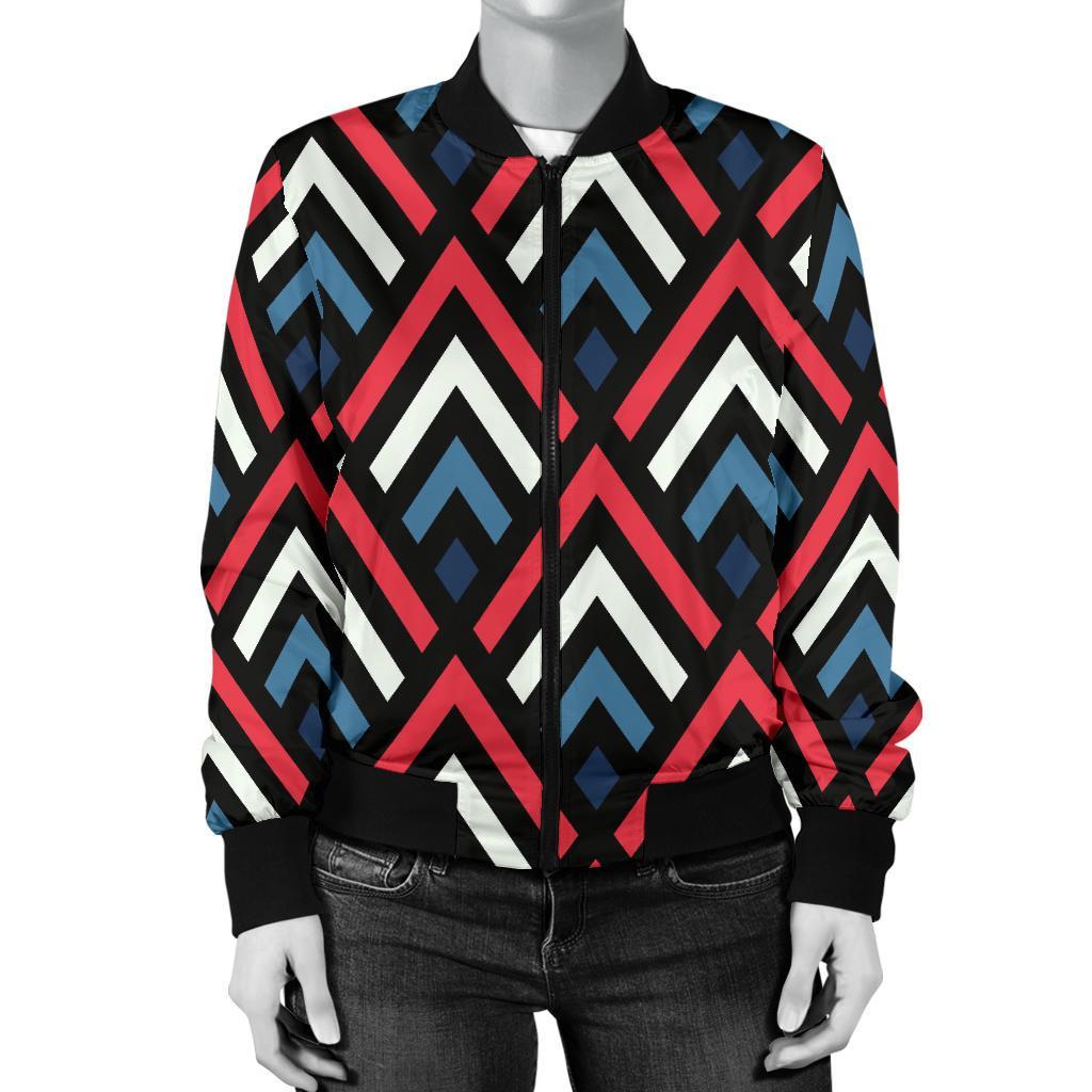 Zig Zag Print Pattern Women Casual Bomber Jacket-grizzshop