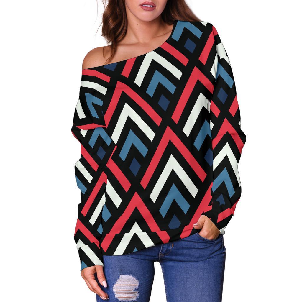 Zig Zag Print Pattern Women Off Shoulder Sweatshirt-grizzshop