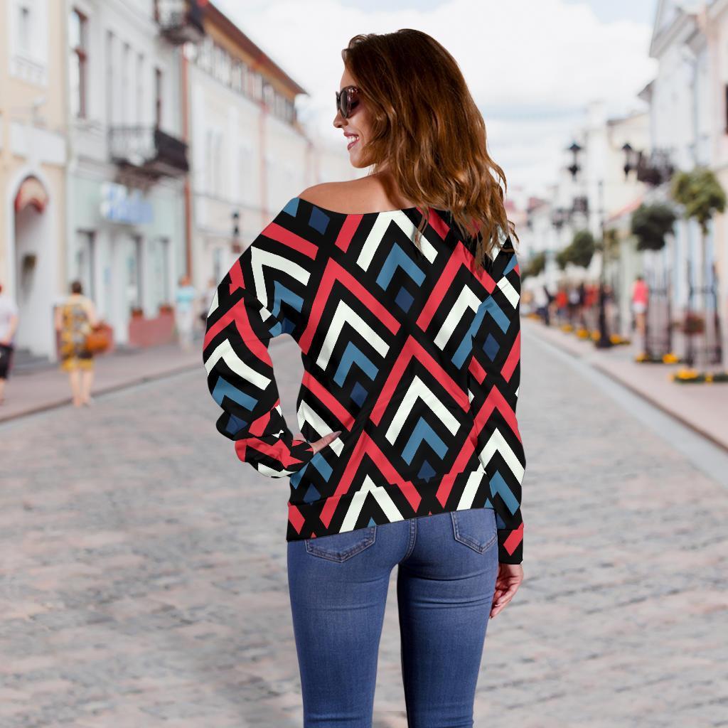 Zig Zag Print Pattern Women Off Shoulder Sweatshirt-grizzshop